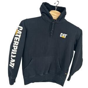 Men's Black Caterpillar Cat Foundation Trademark Banner Hoodie Sweatshirt sz Lg